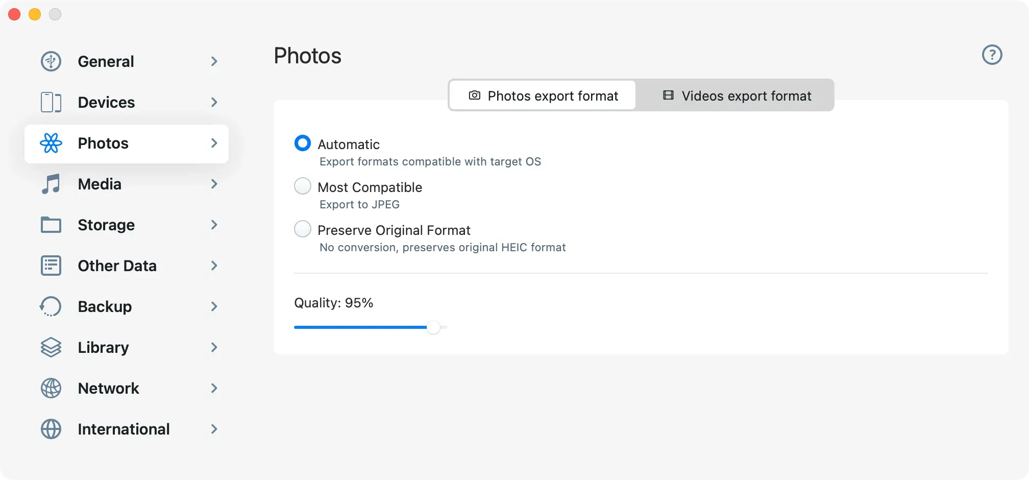 iMazing HEIC Conversion Preferences